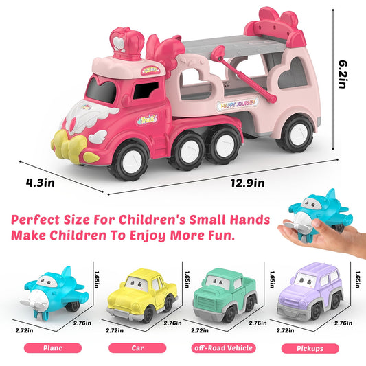 JoyStone 5 in 1 Carrier Truck Toy Cars for Toddlers 1-3 with Light and Sound, Christmas Birthday Gifts, Pink