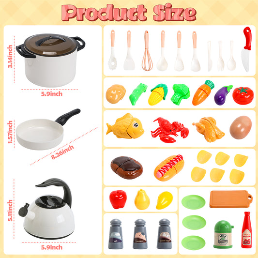 JoyStone Kitchen Cookware for Kids, Toy Kitchen Play Food Set Toddler Kitchen Set with Play Pots Pans, Play Kitchen Gift for Kids Age 3+, White