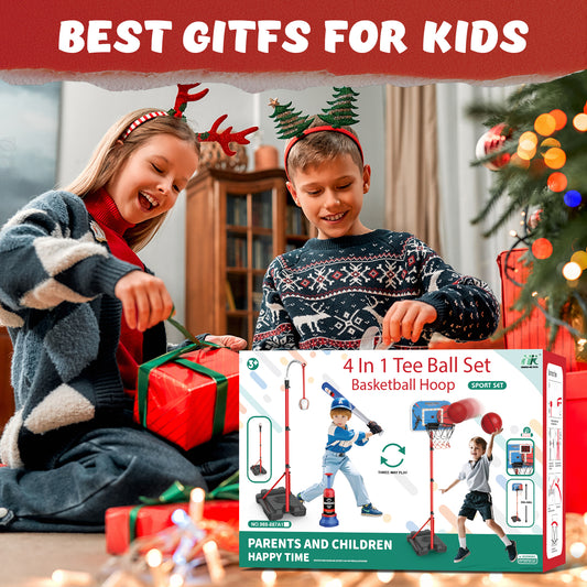 JoyStone 4 in 1 Kids Basketball Hoop and T Ball Set for Kids, Adjustable Height Basketball Hoop, Hanging Tee Ball Stand with Automatic Pitching Machine, Sports Gifts Toys for Boys Girls