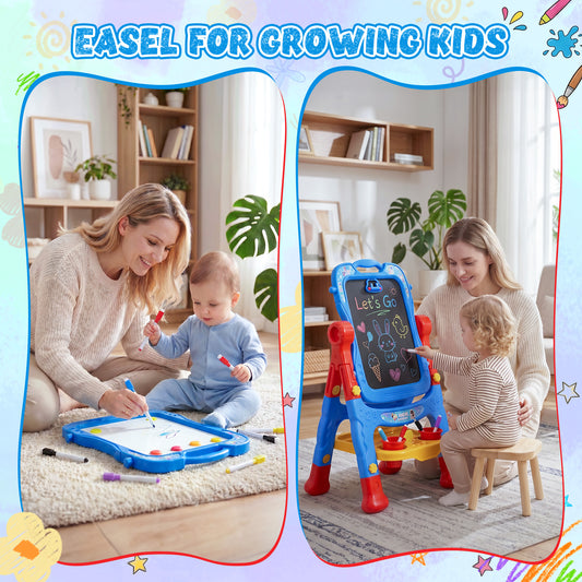 WonderStone Art Easel for Kids, Flippable Sided Magnetic Drawing Board with Storage, Gift for Toddlers Boys Ages 3-5, Blue