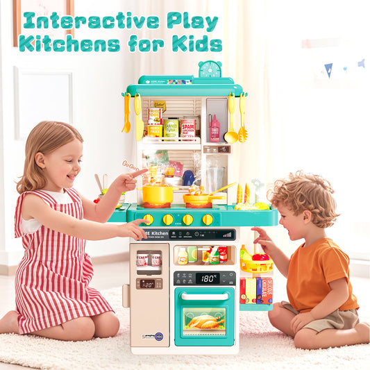 JoyStone 50PCS Kids Kitchen Playset, Play Kitchen Toy with Realistic Lights & Sounds & Spary, Cookware Steam & Other Kitchen Accessories Set for Toddlers, Green