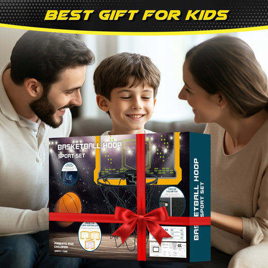 Indoor Mini Basketball Hoop for Kids with LED & Electronic Scoreboard, over The Door Basketball Hoop Toy with Foldable Rim, Birthday Gift for 5-13 Year Old Boys, Clear