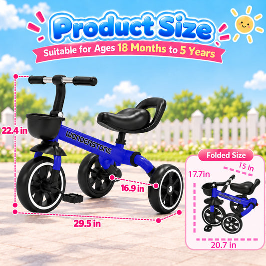 WonderStone 4-in-1 Toddler Balance Bike, Foldable Tricycle with Removable Pedals & Front Basket, Indoor & Outdoor Training Bike, Perfect Gift for 1–3 Year Old Boys & Girls, Blue
