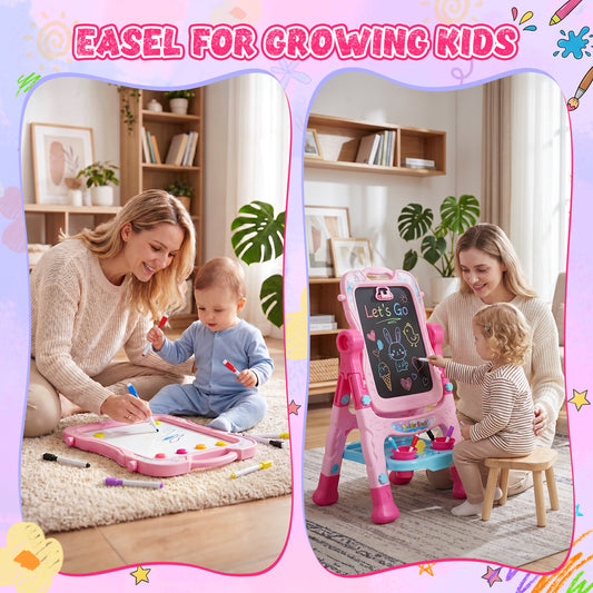 WonderStone Art Easel for Kids, Flippable Sided Magnetic Drawing Board with Storage, Gift for Toddlers Girls Ages 3-5, Pink