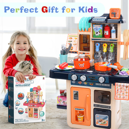 JoyStone 42PCS Kids Kitchen Playset,Play Kitchen Toy with Realistic Lights & Sounds,Pretend Steam,Play Sink & Oven,Color Changing Play Food & Other Kitchen Accessories Set for Toddlers,Blue