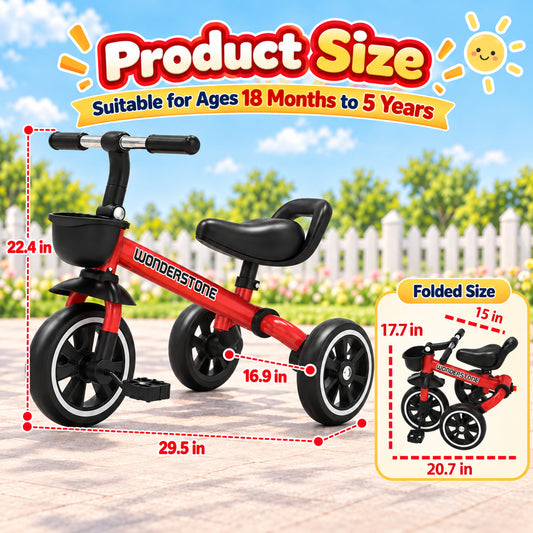 WonderStone 4-in-1 Toddler Balance Bike, Foldable Tricycle with Removable Pedals & Front Basket, Indoor & Outdoor Training Bike, Perfect Gift for 1–3 Year Old Boys & Girls, Red
