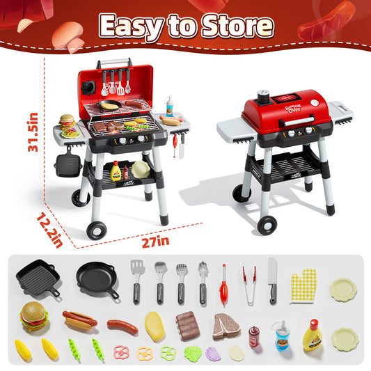 WonderStone 36 PCS BBQ Grill Playset, Kids Kitchen Play Food with Movable Wheels, Smoke Sound & Adjustable Light, Camping Pretend Play Cooking Toys Gift for Toddlers Ages 3-6