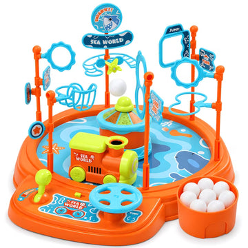 WeFone Ball Blowing Train Toy Set for Kids Ages 3+, Air-Powered Floating Ball Challenge Game with Steering Wheel, 10 Foam Balls, 8 Challenge Levels, Music & Ocean Adventure Playset