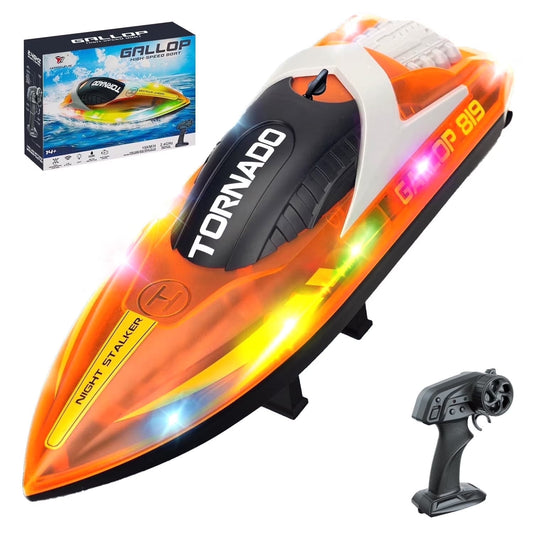 JoyStone RC Boat for Pools and Lakes, 2.4G Remote Control Boat with LED Lights, Racing Boats for Kids & Adults with 2 Rechargeable Battery, Gifts for Boys Girls (Orange)