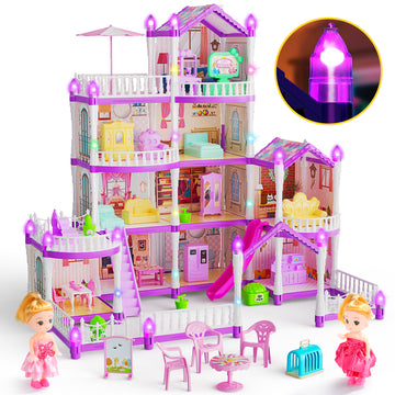 JoyStone 10 Rooms DollHouse, Huge Dollhouse Playset with LED Lights, Dolls, Furnitures, Accessories with Play Mat DIY Pretend Play Toys Gifts for Kids