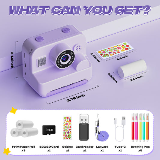 JoyStone Kids Camera Instant Print with Printing Paper and 32G TF Card, Selfie Camera with Color Pens, Cute Photo Album and Stickers, Suitable for DIY, Gift for Girls and Boys Aged 3-12, Pink