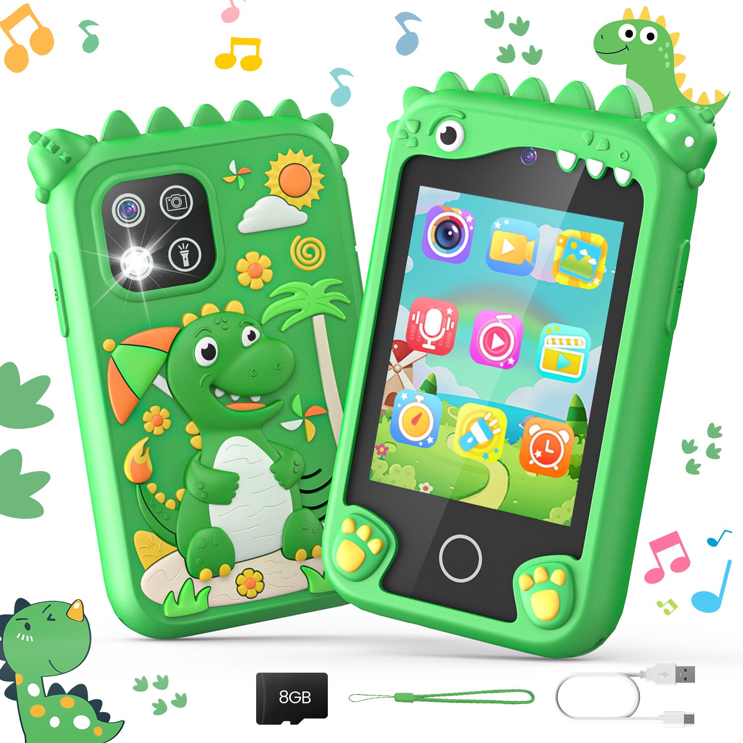 JoyStone Kids Dinosaur Smart Phone, 2.8" Touchscreen Toddler Learning Play Toy Phone with Dual Camera, Game, Music Player, Learning Toy Christmas Birthday Gifts for 3-9 Year Old Kids, Green