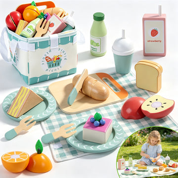 WonderStone 17 PCS Wooden Play Food Set for Kids, Play Kitchen Accessories with Bag & Mat, Pretend Picnic Cutting Food Play Set for Toddlers 3+, Gift for Girls and Boys