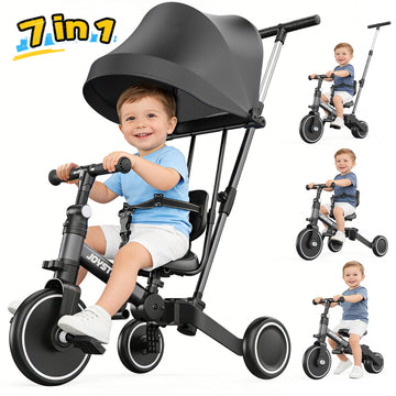 JoyStone 7 in 1 Folding Toddler Tricycle with Adjustable Canopy, Parental Control Handle, Detachable Backrest and Adjustable Seat and Handle, Push Tricycle Bike for 1-4 Year Old Boys and Girls, Black