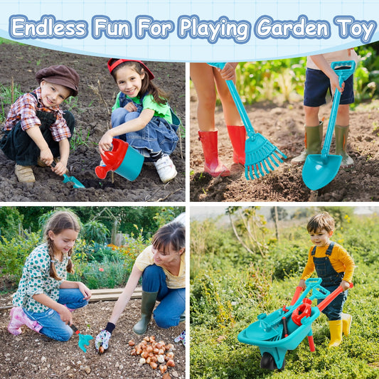 JoyStone Kids Gardening Tool Set with Wheelbarrow, Watering Can, Gloves, Shovel, Rake, Apron, Durable Plastic, Ages 3-6