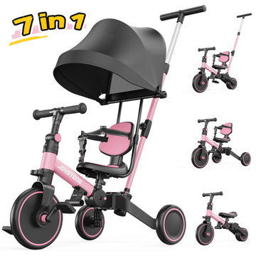 JoyStone 7 in 1 Folding Toddler Tricycle with Adjustable Canopy, Parental Control Handle, Detachable Backrest and Adjustable Seat and Handle, Push Tricycle Bike for 1-4 Year Old Boys and Girls, Pink