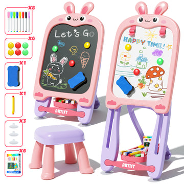 WonderStone 4-in-1 Kids Table and Chairs Adjustable Easel Toy for Ages 2-4, Flippable Sided Magnetic Drawing Board with Storage, Gift for Toddlers