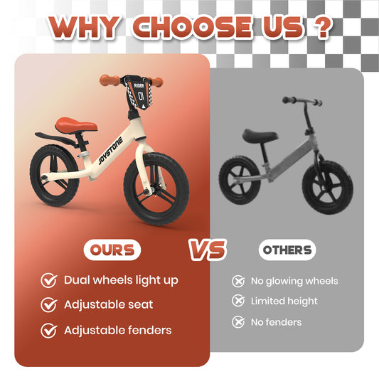 JoyStone Colorful Lighting 12 Inch Toddler Balance Bike Toys for 1-3 Years Old Boys Girls, Kids Training Balance Bike with Adjustable Handlebar and Seat, No Pedals Bike Gift for Kids, White