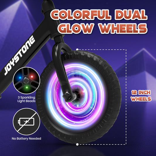 JoyStone Colorful Lighting 12 Inch Toddler Balance Bike Toys for 1-3 Years Old Boys Girls, Kids Training Balance Bike with Adjustable Handlebar and Seat, No Pedals Bike Gift for Kids, Black