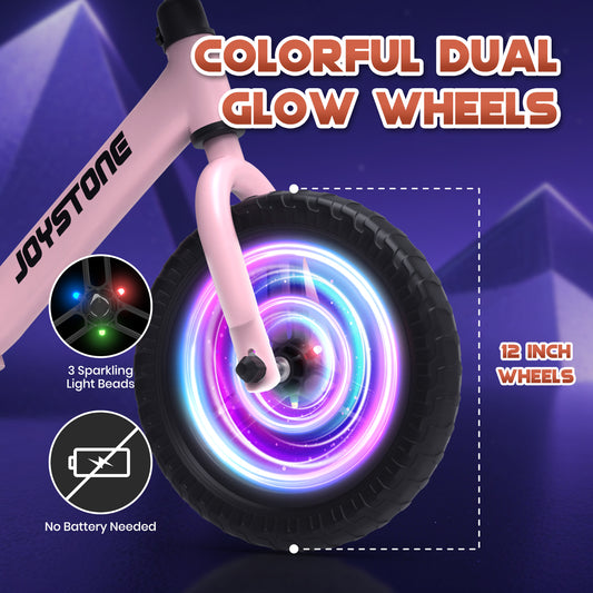 JoyStone Colorful Lighting 12 Inch Toddler Balance Bike Toys for 1-3 Years Old Boys Girls, Kids Training Balance Bike with Adjustable Handlebar and Seat, No Pedals Bike Gift for Kids, Pink