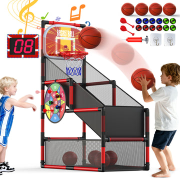 Wonderstone 2-in-1 Arcade Basketball Game with Electronic Scoreboard, LED Lights & Music, Includes 4 Basketballs & 12 Sticky Balls, Indoor Outdoor Sports Toy Gift for Kids & Teens，Red
