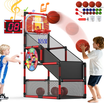Wonderstone 2-in-1 Arcade Basketball Game with Electronic Scoreboard, LED Lights & Music, Includes 4 Basketballs & 12 Sticky Balls, Indoor Outdoor Sports Toy Gift for Kids & Teens，Red