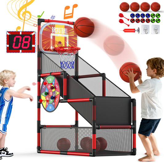 Wonderstone 2-in-1 Arcade Basketball Game with Electronic Scoreboard, LED Lights & Music, Includes 4 Basketballs & 12 Sticky Balls, Indoor Outdoor Sports Toy Gift for Kids & Teens，Red