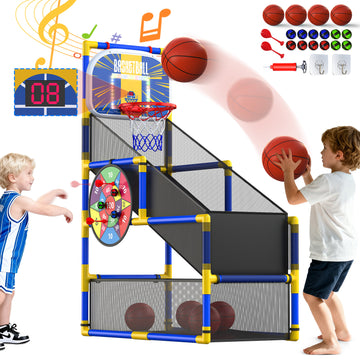 Wonderstone 2-in-1 Arcade Basketball Game with Electronic Scoreboard, LED Lights & Music, Includes 4 Basketballs & 12 Sticky Balls, Indoor Outdoor Sports Toy Gift for Kids & Teens，Blue