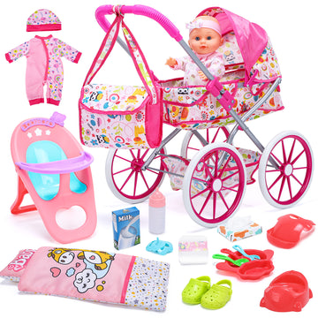 JoyStone Baby Doll Stroller Set Toys for Girls Toddler, Baby Doll Accessories and 2 Sets Doll Clothes for Realistic Pretend Play