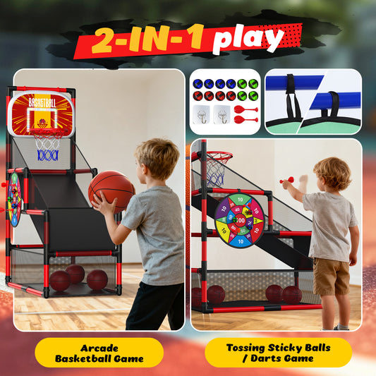 Wonderstone 2-in-1 Arcade Basketball Game with Electronic Scoreboard, LED Lights & Music, Includes 4 Basketballs & 12 Sticky Balls, Indoor Outdoor Sports Toy Gift for Kids & Teens，Red