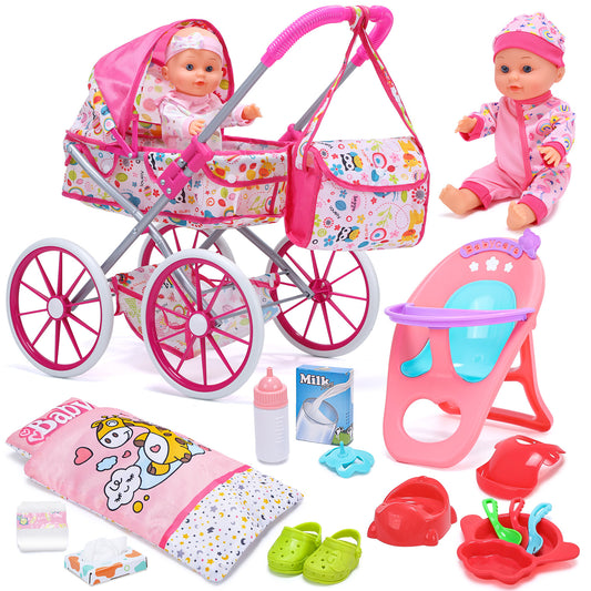JoyStone Baby Doll Stroller Set Toys for Girls Toddler, Baby Doll Accessories and 2 Sets Doll Clothes for Realistic Pretend Play