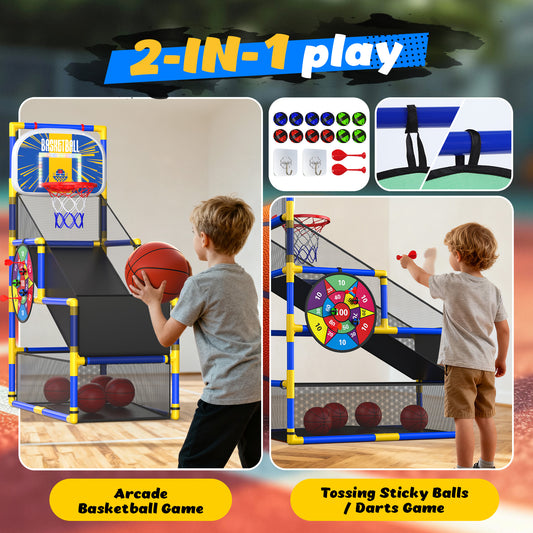 Wonderstone 2-in-1 Arcade Basketball Game with Electronic Scoreboard, LED Lights & Music, Includes 4 Basketballs & 12 Sticky Balls, Indoor Outdoor Sports Toy Gift for Kids & Teens，Blue