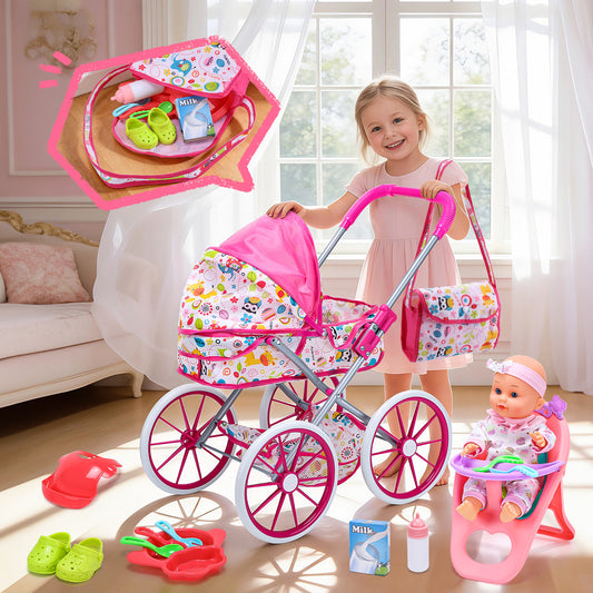 JoyStone Baby Doll Stroller Set Toys for Girls Toddler, Baby Doll Accessories and 2 Sets Doll Clothes for Realistic Pretend Play