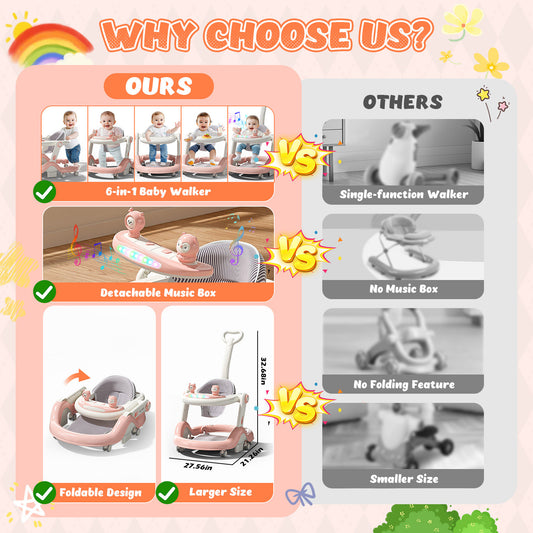 5 in 1 Baby Walker, Foldable Push Walker with Wheels, Music & Light, Baby Bouncer, Baby Activity Center for Boy Girl 6-12 Months (Pink)
