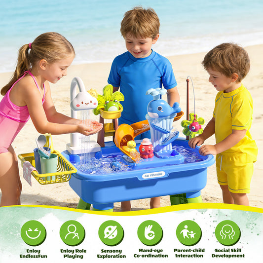 JoyStone 4-in-1 Toddler Sand Water Table with Electric Pump, 21.25” Kids Kitchen Sink Water Table with Fishing Toys & Play Food, Outdoor Play Table for Boys Girls Age 3+