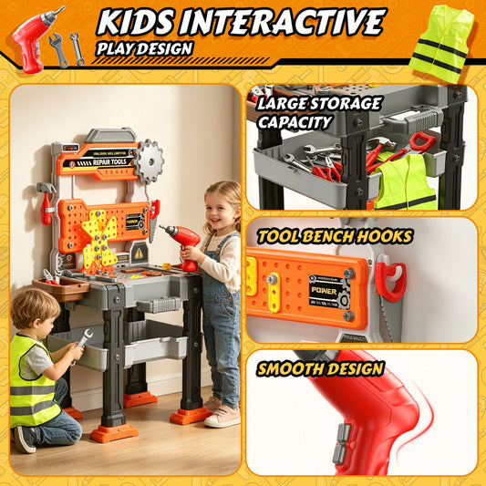 WonderStone 3-in-1 Kids Tool Bench with Electric Toy Drill, 155 PCS Construction Tool Box & Workbench, Mechanic Pretend Play Set, Gift for Ages 4-7, Red