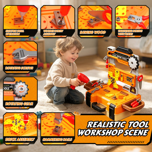 WonderStone 3-in-1 Kids Tool Bench with Electric Toy Drill, 155 PCS Construction Tool Box & Workbench, Mechanic Pretend Play Set, Gift for Ages 4-7, Orange