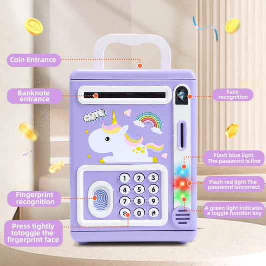 JoyStone Electronic Light&Sound Piggy Bank Toys with Fingerprint & Face Scan Password Code Lock Cash Coin ATM Bank, Purple