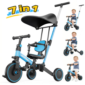 JoyStone 7 in 1 Foldable Tricycle for Toddlers with Adjustable Canopy, Detachable Backrest, Adjustable Seat and Handle and Parental Control Handle, Balance Bike for 1-4 Year Old Boys and Girls, Blue