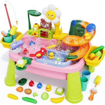 JoyStone 4-in-1 Toddler Sand Water Table with Electric Pump, 23.22” Kids Kitchen Sink Water Table with Fishing Toys & Play Food, Outdoor Play Table for Boys Girls Age 3+, Pink