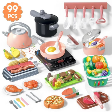 JoyStone 99PCS Kids Kitchen Toy Cookware with BBQ Play Food Toy Set,Kitchen Play Accessories with Pots and Pans,Cutting Food Toy Utensils, Toys Gift for Toddlers, Pink