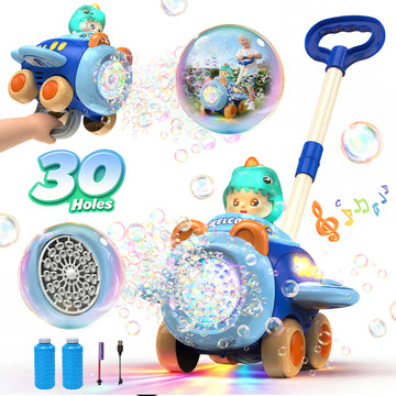 WonderStone 30-Hole Rechargeable Bubble Machine for Toddlers, Push & Handheld Bubble Lawn Mower with Lights & Music, Summer Outdoor Toys for Toddlers 1–3, Dinosaur