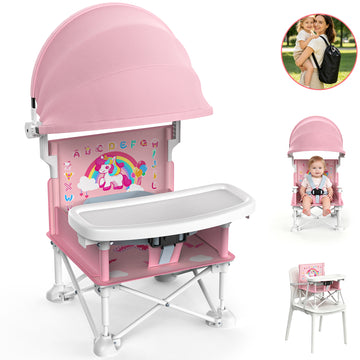 WonderStone Portable Baby Booster Seat with Removable Canopy, Foldable Dining Chair for Outdoor Travel Beach for Infants Toddlers, Pink
