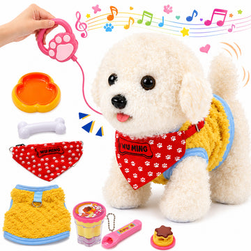 WonderStone Interactive Robot Dog with Leash ，Plush Puppy Toy with Recording & Singing, Walks, Barks, Wags Its Tail, Licks Tongue, Dress-Up Pet, Realistic Gift for Kids 3+，Bichon