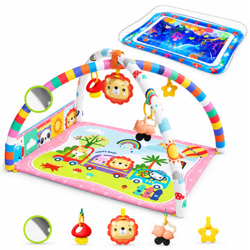 Wonderstone 2-in-1 Baby Play Gym with Water Mat, Infant Activity Play Mat with Hanging Sensory Toys, Tummy Time Floor Mat for Babies 0–12 Months, Pink