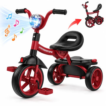 WonderStone Folding Toddler Tricycle, Kids Bike with Music & Light, Toddler Trike with Basket, Gifts & Toys for 2-5 Year Old Boys & Girls, Red
