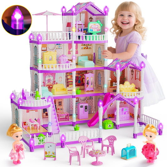 JoyStone 10 Rooms DollHouse, Huge Dollhouse Playset with LED Lights, Dolls, Furnitures, Accessories with Play Mat DIY Pretend Play Toys Gifts for Kids