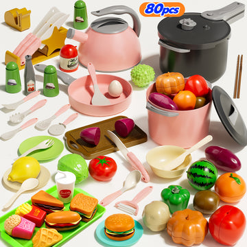 WonderStone 80PCS Play Food Sets for Kids Kitchen, Pretend Play Toys, Play Pots and Pans Sets ,Toys for Toddlers 3-5,Pink
