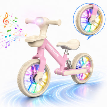 Wonderstone 10" Balance Bike for Kids with Colorful Lights/Music, Adjustable Seat Ride-On Toy with 2 Silent Wheels, Outdoor Toddler Training Bike for Boys and Girls Aged 2–6, Pink