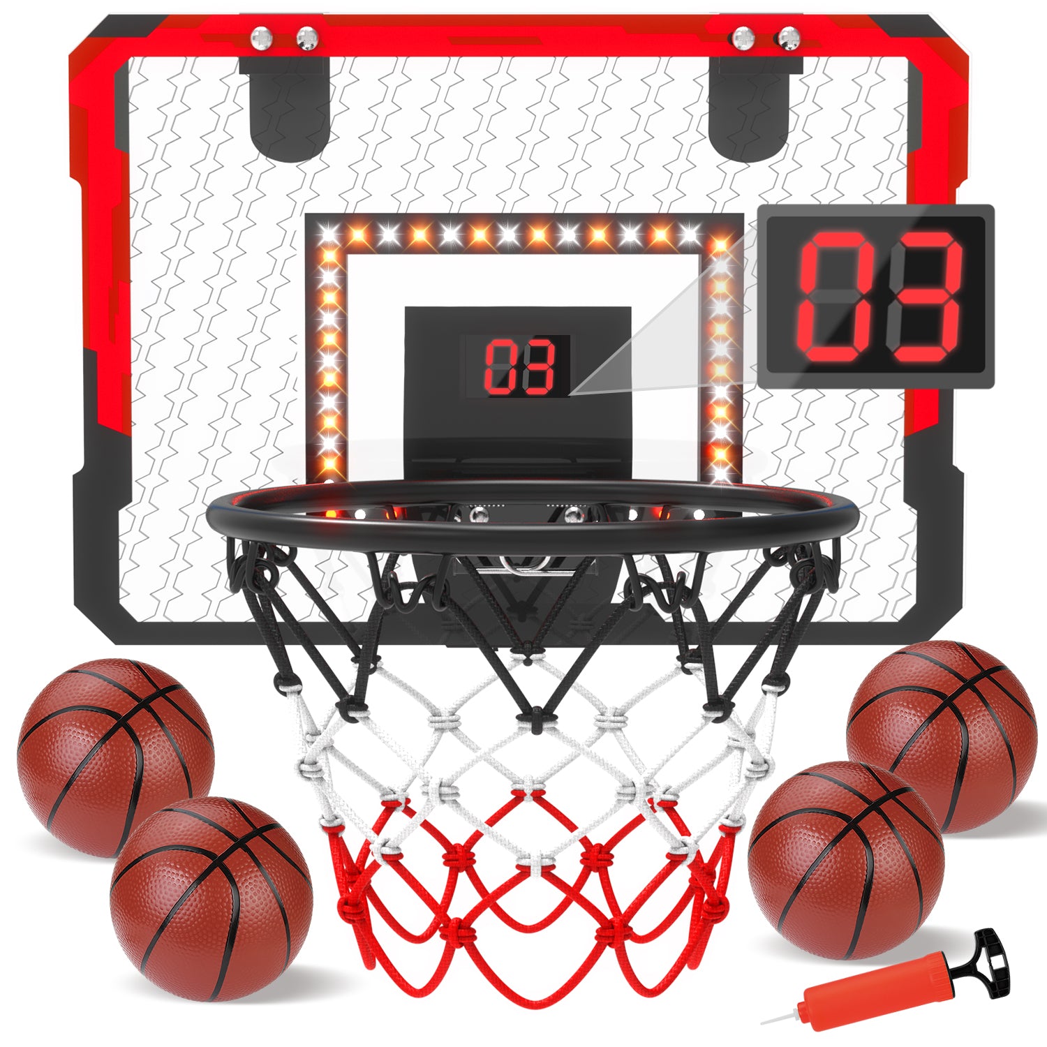 LED Indoor Mini Basketball Hoop for Kids with Electronic Scoreboard, Wall Mount Basketball Hoop Toy with Foldable Rim, Birthday Gift for 5-13 Year Old Boys, Red